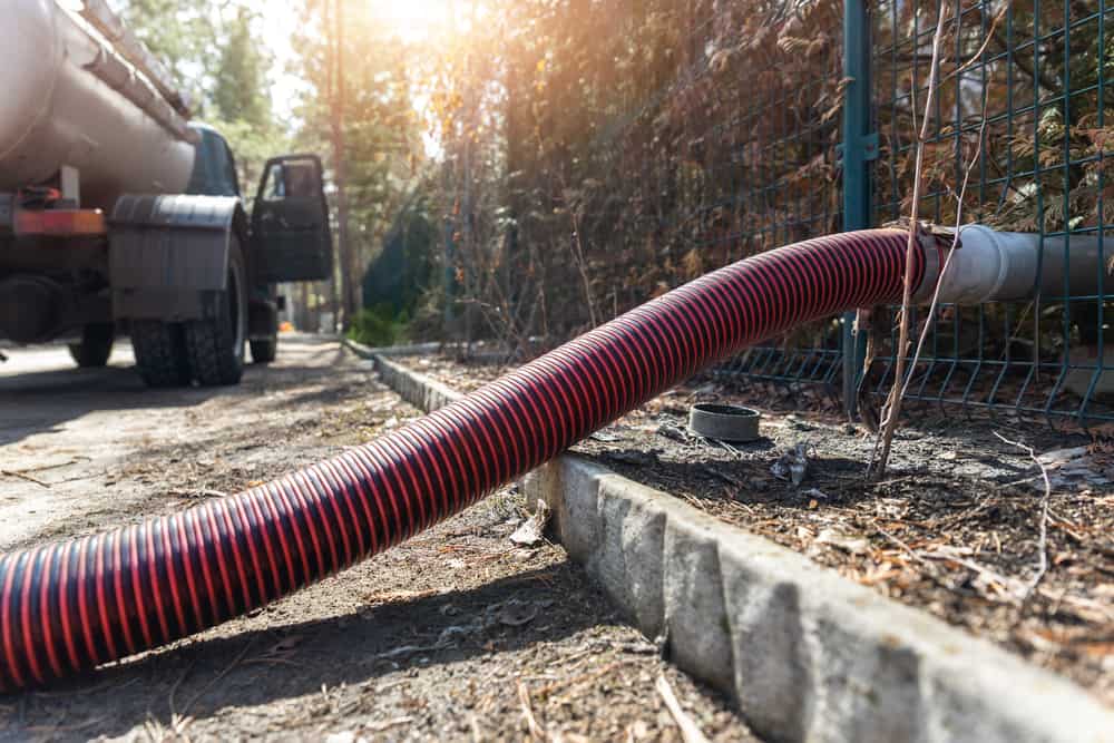 A large red and black hose, part of the septic tank services, is connected to a truck and draining waste as the sun shines through trees. The scene unfolds outdoors, with the hose resting along a concrete curb next to a wire fence.