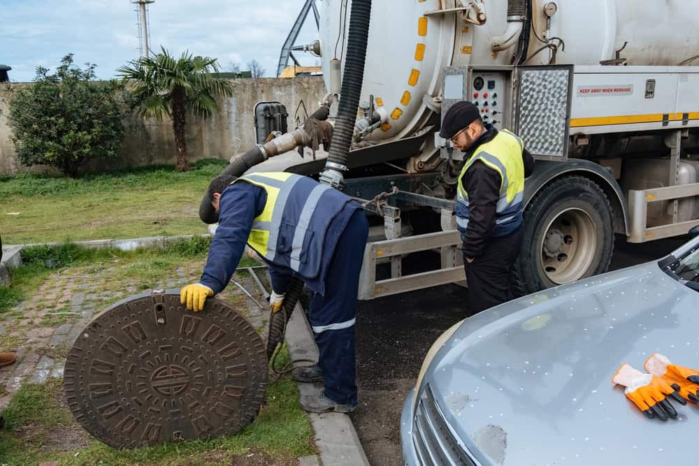 Two workers in safety vests and gloves are lifting a manhole cover, likely checking for Cesspool Services, while a large utility truck is nearby. They are on a grassy area beside a paved road next to a metal fence. A silver car is parked close to them.